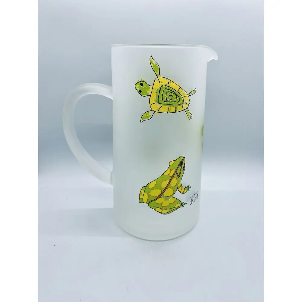 Darlington Designs Frosted Glass Jug Turtles Frogs Design Vintage MCM Feel